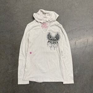Pinkberry Y2K Rhinestone Peace Wing Hooded Top White Blue Roses McBling L